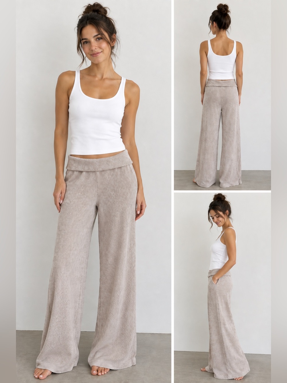 Good Days Project Ribbed Wide-Leg Pants – Beige Pullover Waistband